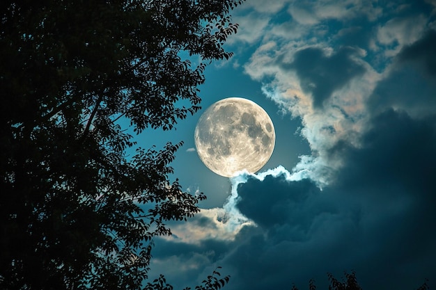 Magical night scene with full moon in cloudy sky