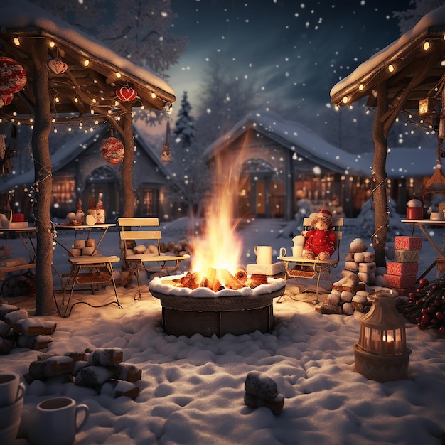 ライトアップされた家の観覧車と降雪のある魔法のような夜のクリスマスフェア
