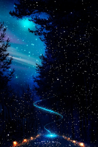 Magical nighttime landscape with sparkly lights