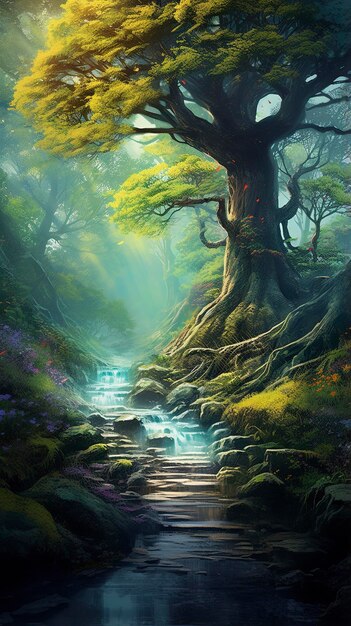 Magical oak tree off the the side of a winding path through an enchanted forest with stream