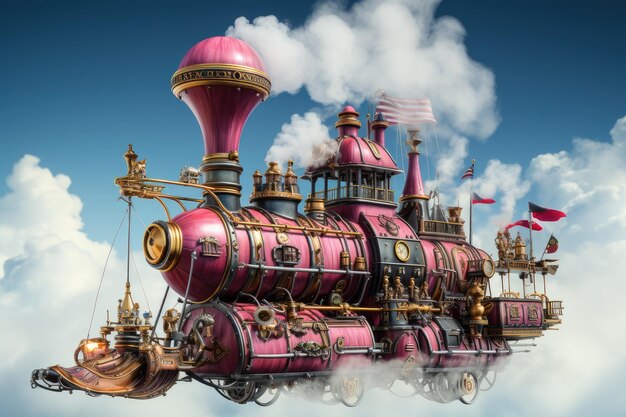 A magical old steam locomotive flies in the sky train carriage retro style cartoon