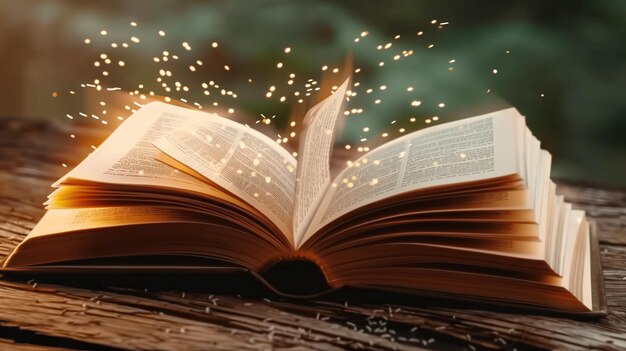 Magical open book on wooden table with glowing particles resembling fairy dust in a mystical forest