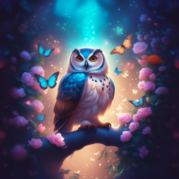 magical owl sits on a branch against a forest backdrop bright lights and flying butterflies