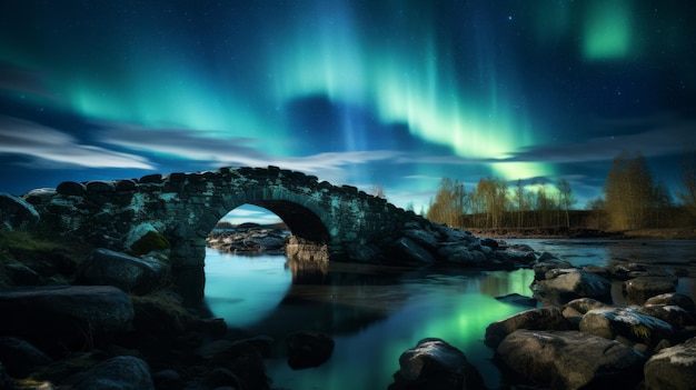 Magical Perspective Stone Bridge and Star Trails under the Northern Lights