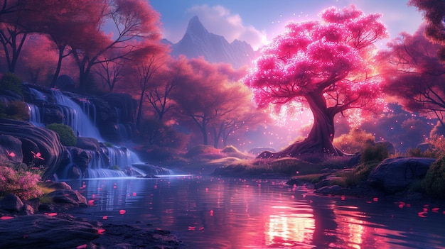 Magical pink forest with waterfall and reflective river