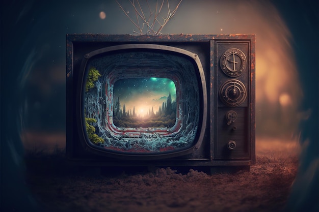 Magical portal inside old tv set with blurred background created with generative ai