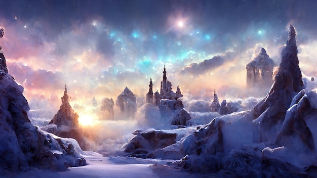 Magical portal on winter landscape fairy tale backgroun 3d rendering Raster illustration