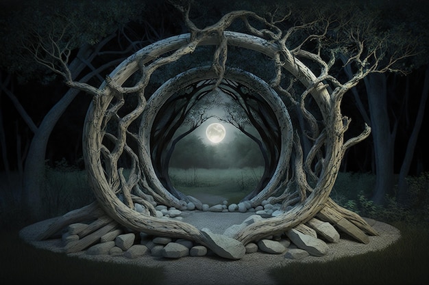 Magical portal with an arch of tree branches in the forest