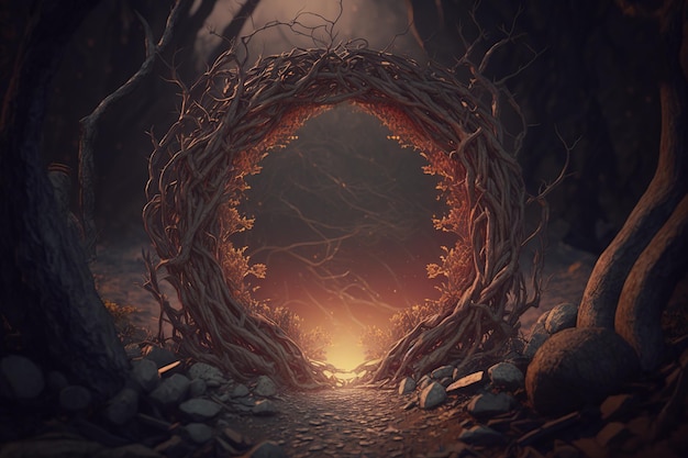 Magical portal with an arch of tree branches in the forest