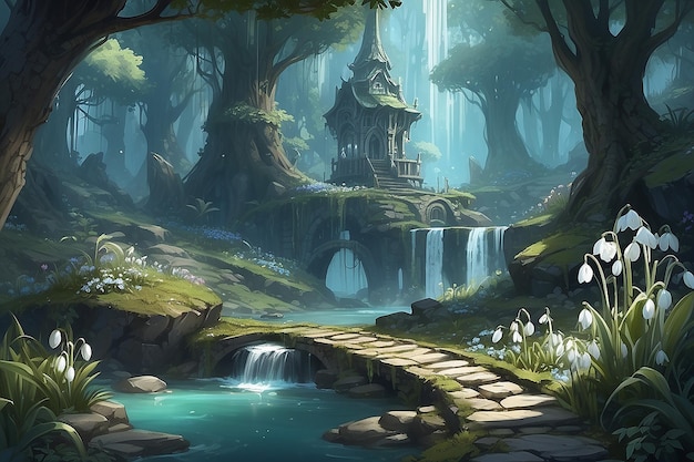 Foto magical realm video game ambiente concept art con gocce di neve