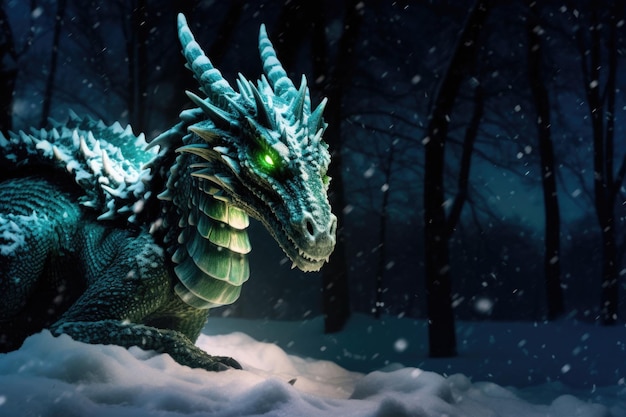 Волшебная сцена зеленого дракона на фоне звезд и снега Дракон является символом надежды и нового начала для нового года