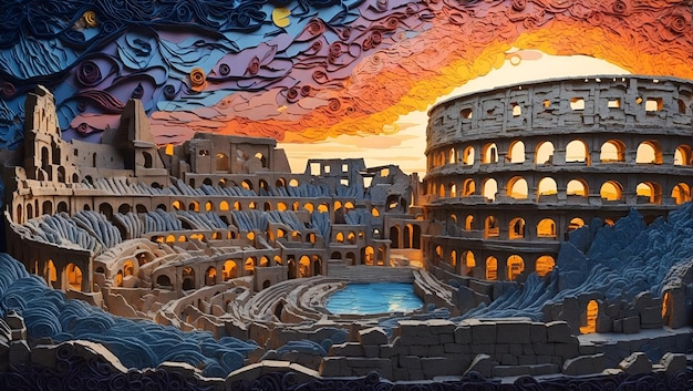 Magical scenic of colosseum with filigree paper quilling art design