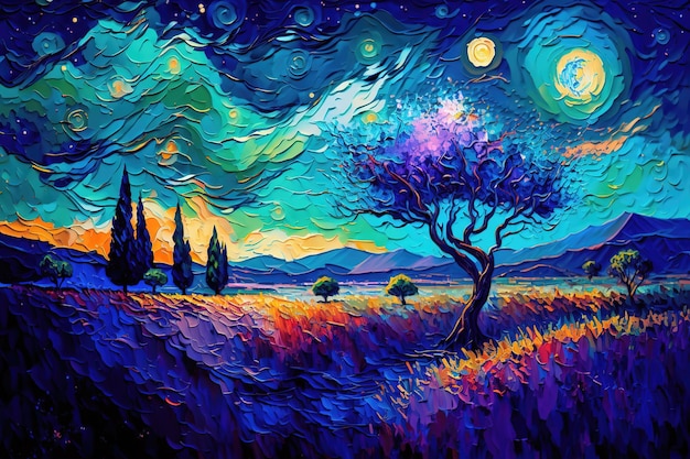 Magical Scenic Fantasy Landscape with Stars, Oil Painting and Palette Knife Texture