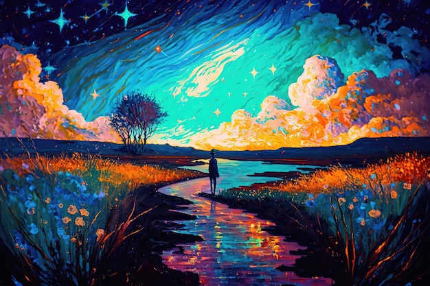 Photo magical scenic fantasy landscape with stars, oil painting and palette knife texture