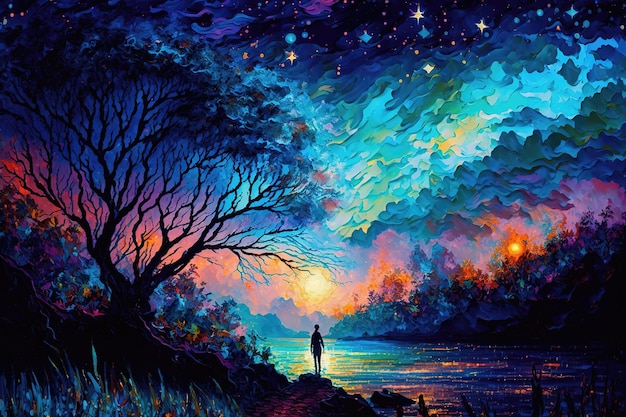 Magical Scenic Fantasy Landscape with Stars, Oil Painting and Palette Knife Texture