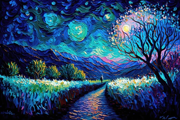 Photo magical scenic fantasy landscape with stars, oil painting and palette knife texture