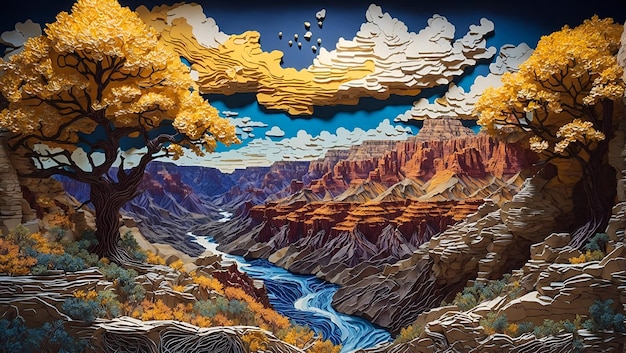 Photo magical scenic of grand canyon national park with filigree paper quilling art design