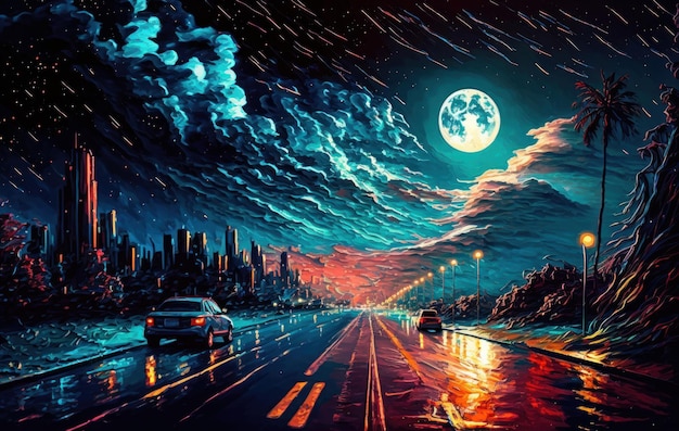 道路と車の幻想的な風景 美しいイラスト画像 ジェネレーティブ AI