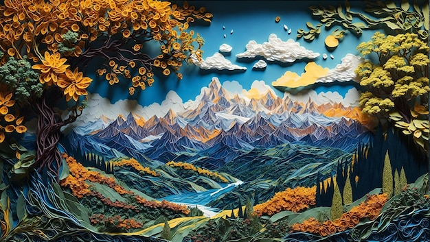 フィリグリーペーパークイリングアートデザインによる山の魔法の風景