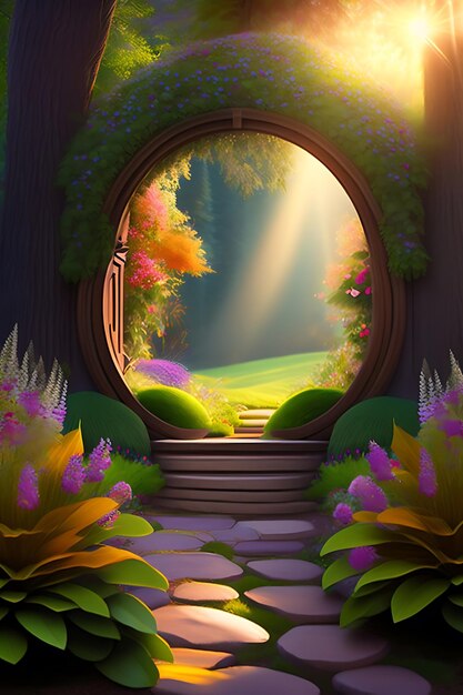 Magical secret garden with dreamy morning sun flowers trees and hidden enchanted garden