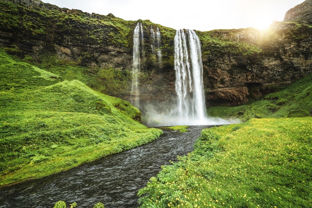 아이슬란드에서 마법의 Seljalandsfoss 폭포입니다.