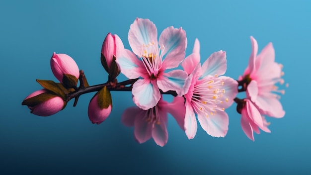 Magical sense a branch of blooming sakura on light blue background generative AI