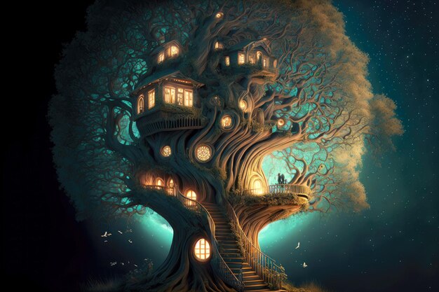 Magical shelter beaful tree house with stairs