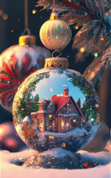Фото Волшебный снежный шар с рождественскими украшениями, созданный с помощью технологии генеративного искусственного интеллекта