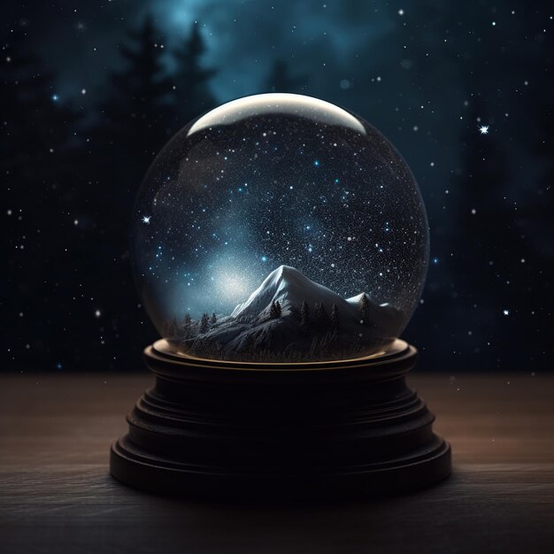 Magical Snow globe with snowy mountain peak inside on wooden table and night sky background