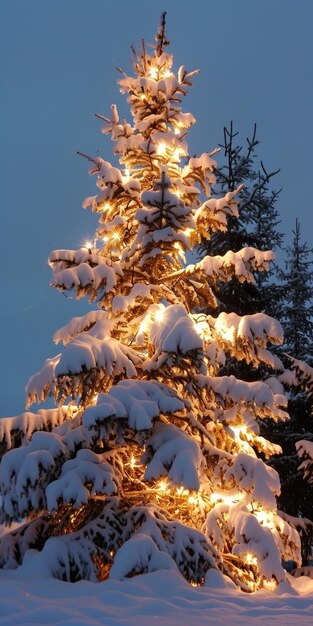 夜に輝く魔法のような雪のクリスマスツリー