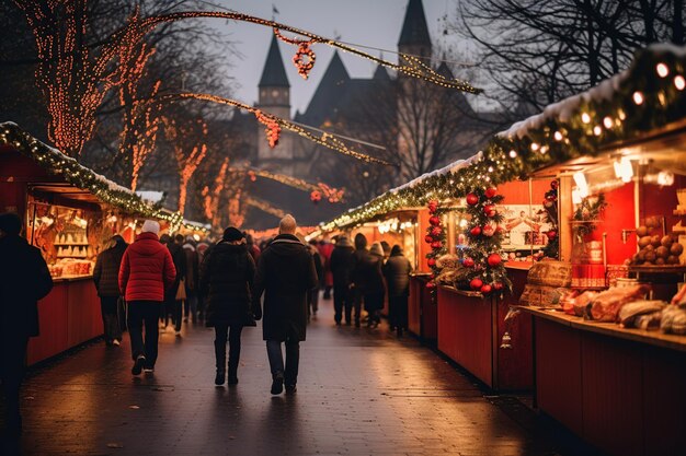 Photo magical splendor glittering lights of german christmas market amidst wintry landscape