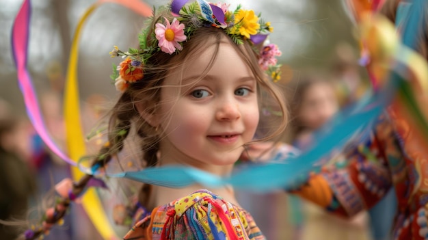 Magical Spring Festival Jong meisje dansen met bloemen kroon in Candid shot van vreugdevolle verbinding met