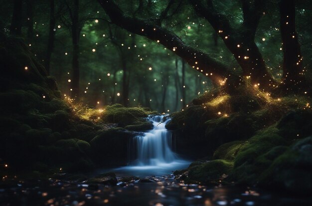 Photo a magical starlit forest with fireflies dancing among the trees and a hidden waterfall