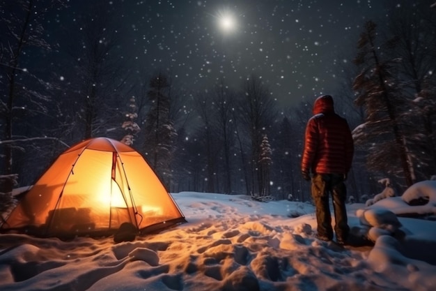 Magical starry sky Tourist explores snowy campsite with flashlight