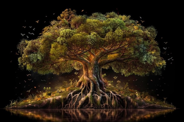 A magical strong tree of life in the forest surrounded by lights Generative AI illustration Fantasy