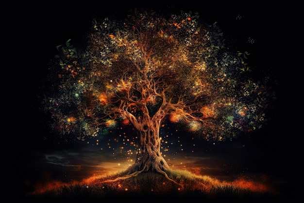 A magical strong tree of life in the forest surrounded by lights Generative AI illustration Fantasy