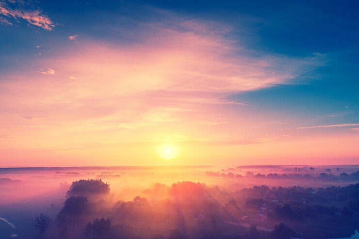 Photo magical sunrise over the lake misty morning rural landscape
