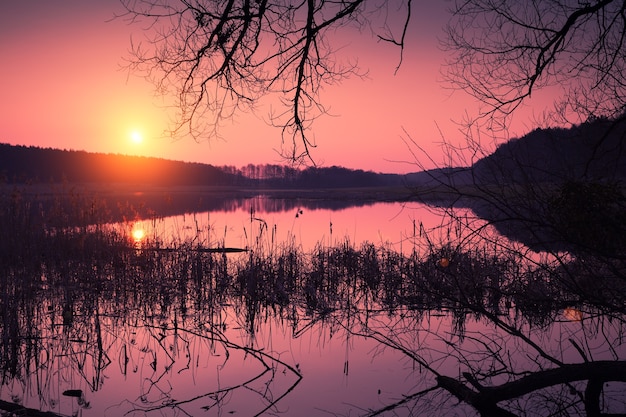 Magical sunrise over lake