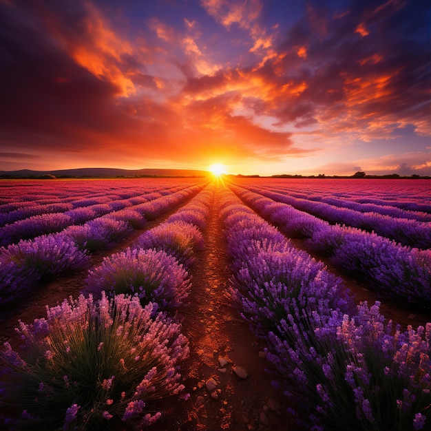 Magical sunset over endless lavender fields