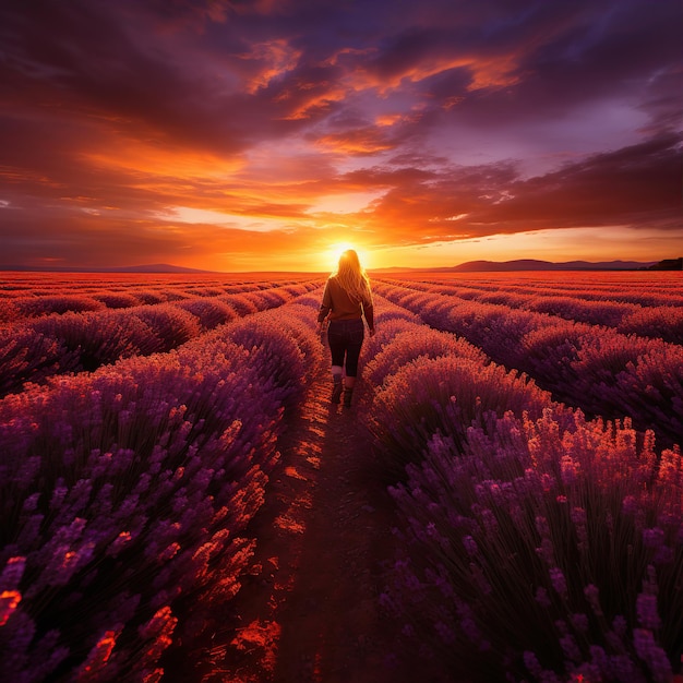 Magical sunset over endless lavender fields