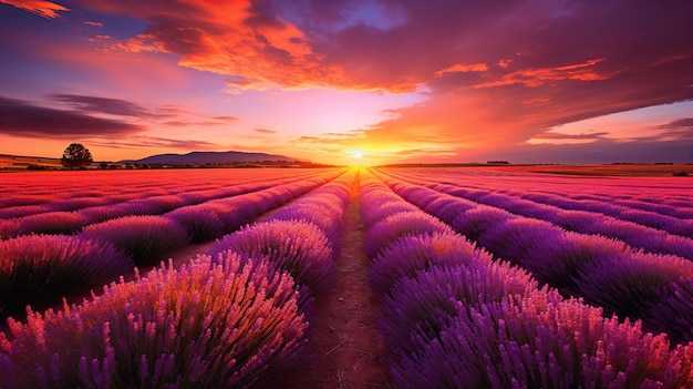 Magical sunset over endless lavender fields