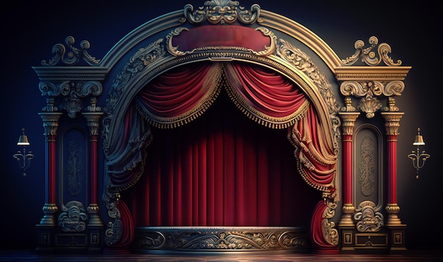 荘厳な赤いカーテンで覆われ、魅力的なパフォーマンスのシーンを設定する鮮やかなスポットライトに照らされた魔法の劇場ステージ