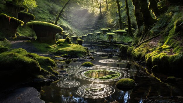 Magical toadstool circle in a fairy glen