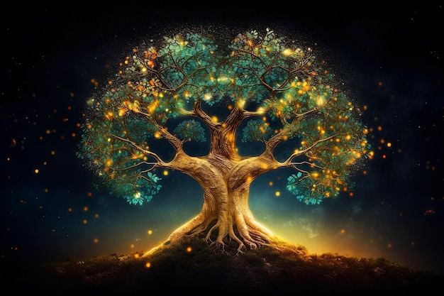 A magical tree of life in the forest surrounded by lights Generative AI illustration