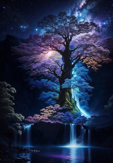 Волшебное дерево жизни в открытом космосе Генеративный AI Иллюстрация