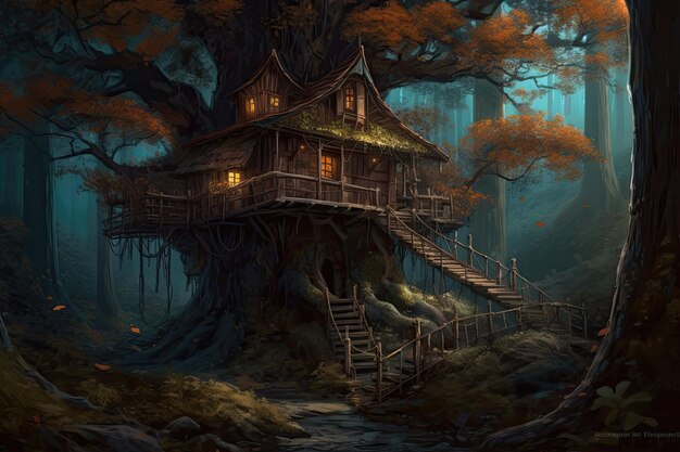 豊かな緑と謎の霧に包まれた神秘的な森に佇む魔法のツリーハウス 風変わりなデザインの家のデザインと森の幻想的な要素 ジェネレーティブAI