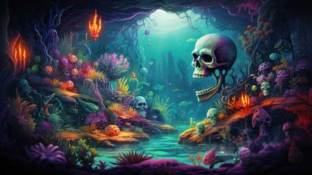 a magical underwater scene with coral reefs and vibrant marine life embellished with sugar skull