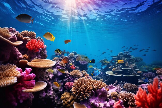 Magical underwater world Colorful coral reef under the sea Ocean Underwater World Background