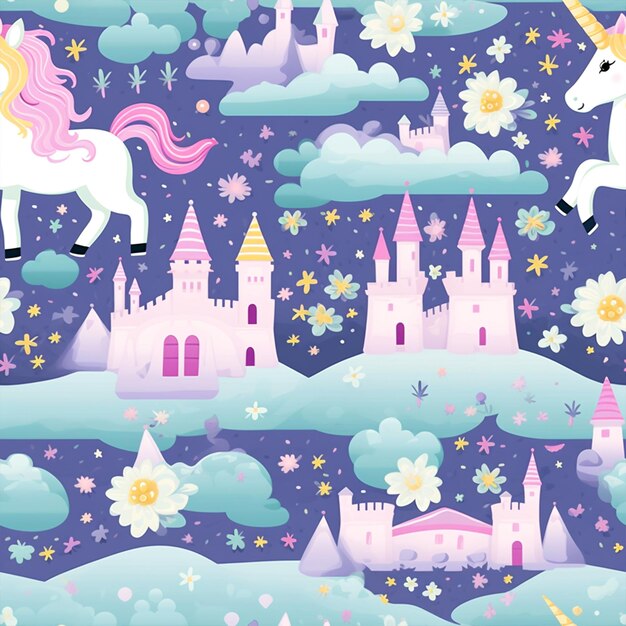 magical unicorn and castles pattern seamless background