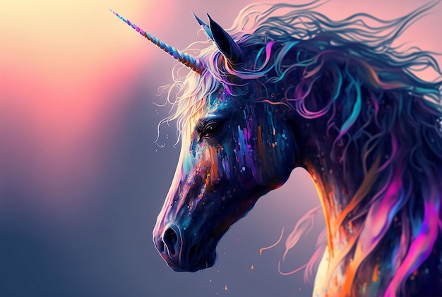 Magical unicorn on color background close up